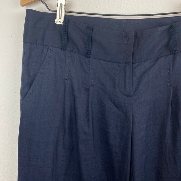 Elie Tahari Women Crop Pants Size 4 Dark Blue Ramie Pleats Pockets Wide Leg Cuff - Picture 2 of 8